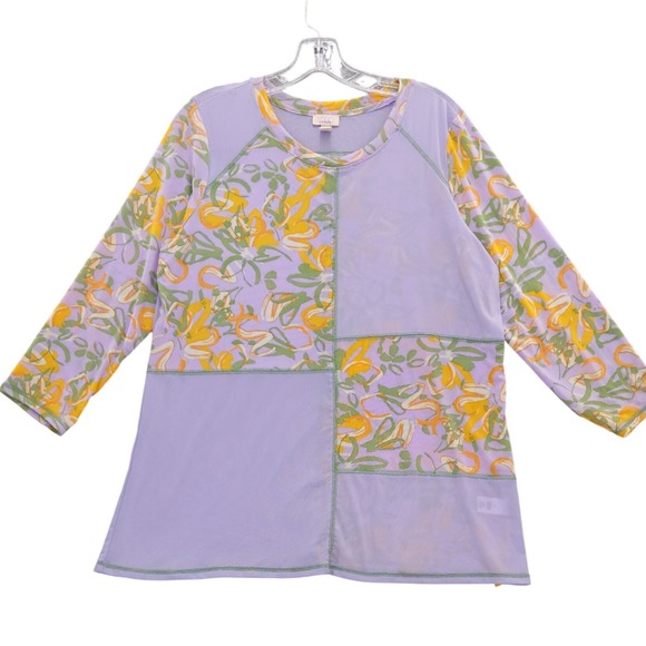 LOGO Layers Lavender Floral Patchwork Sheer Mesh Top Sz L - Picture 1 of 6
